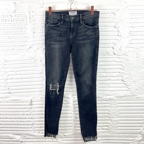 Frame Denim Le Skinny De Jeanne Black Marcy Distressed Chewed Hem Size 26 - Picture 1 of 14